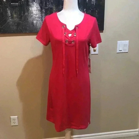 NWT Calvin Klein Shoe Lace Front Tie Cotton Blend T-Shirt Dress-Size S - Picture 1 of 13